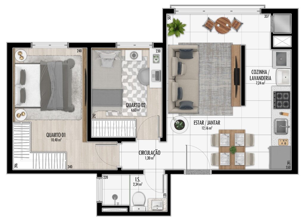 Planta 02 - 2 dorm 48m�