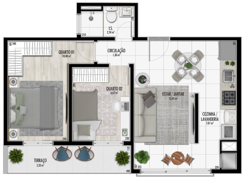 Planta 03 - 2 dorm 53,33m� - garden