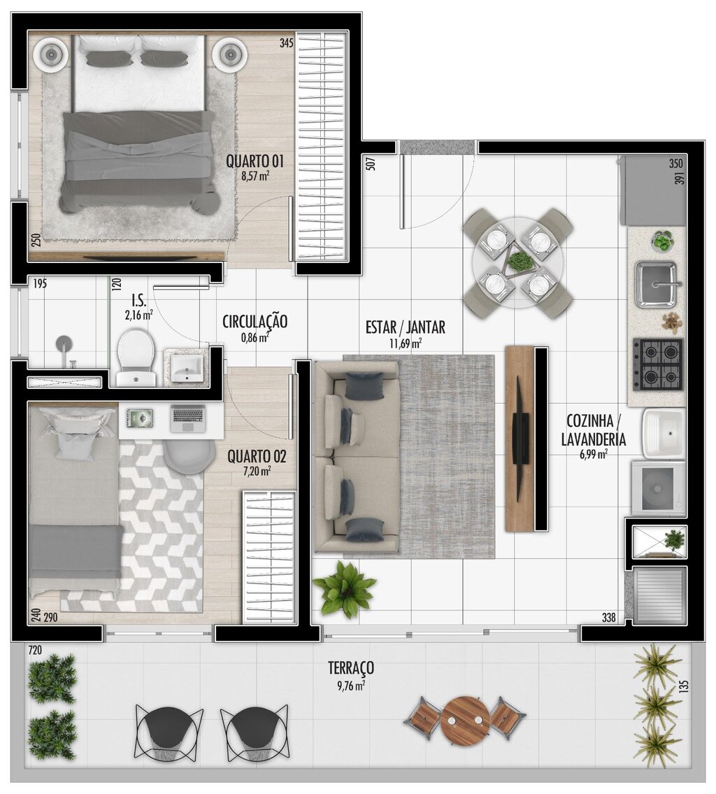 Planta 05 - 2 dorm 54,35m� - garden
