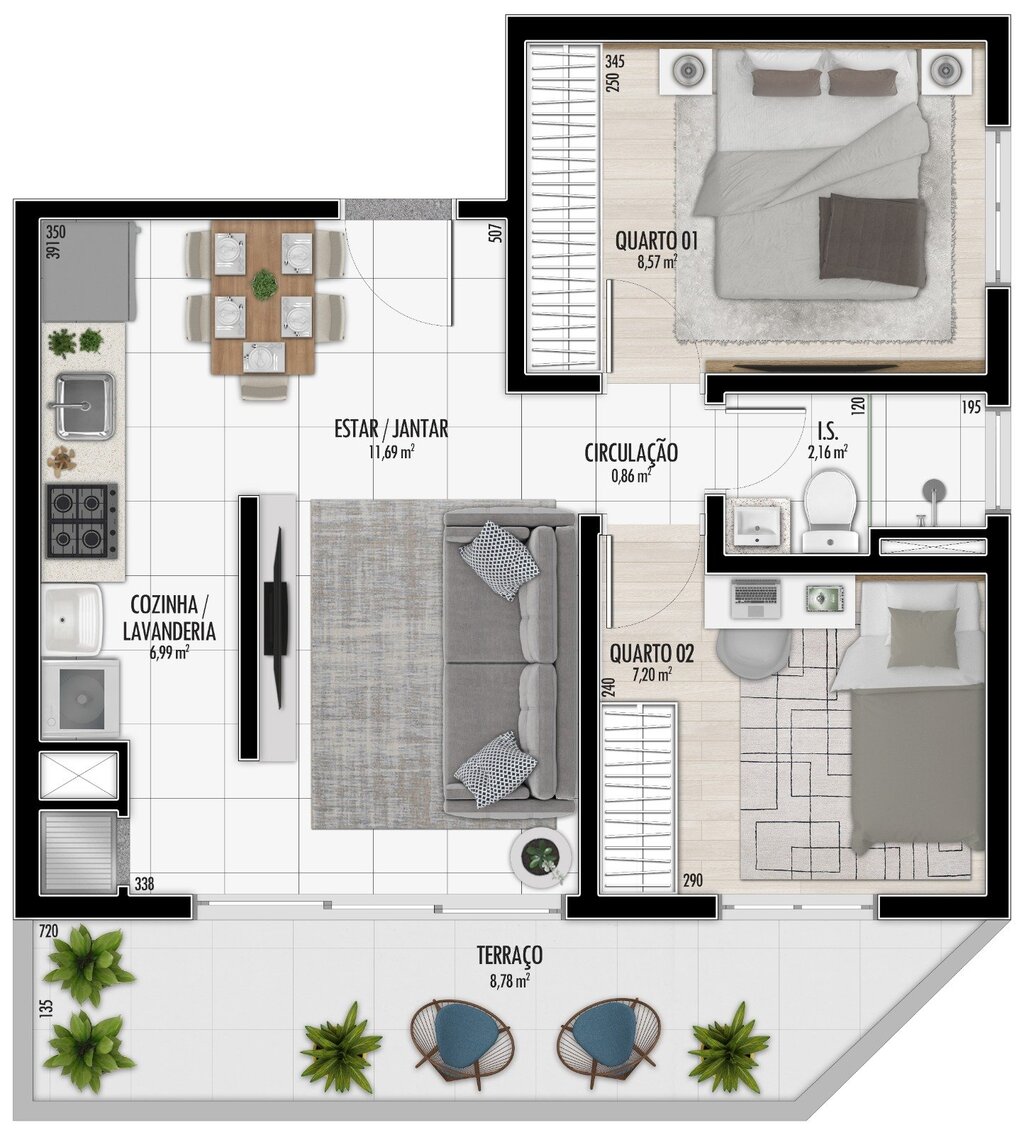 Planta 04 - 2 dorm 53,78m� - garden