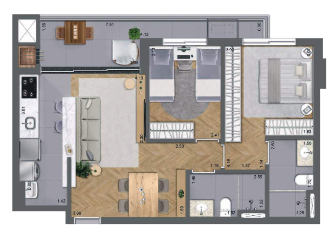 Planta 05 - 2 dorm 68m�