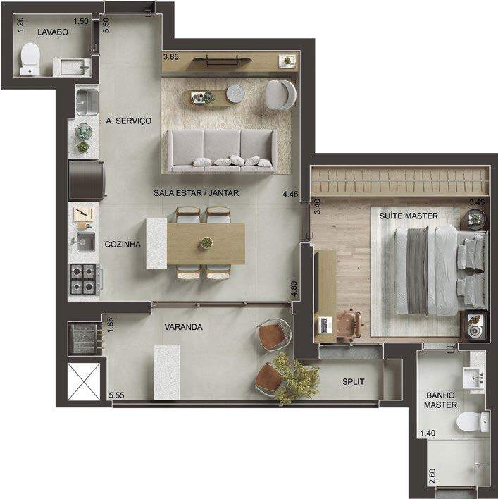 Planta 01 - 1 dorm 58m�