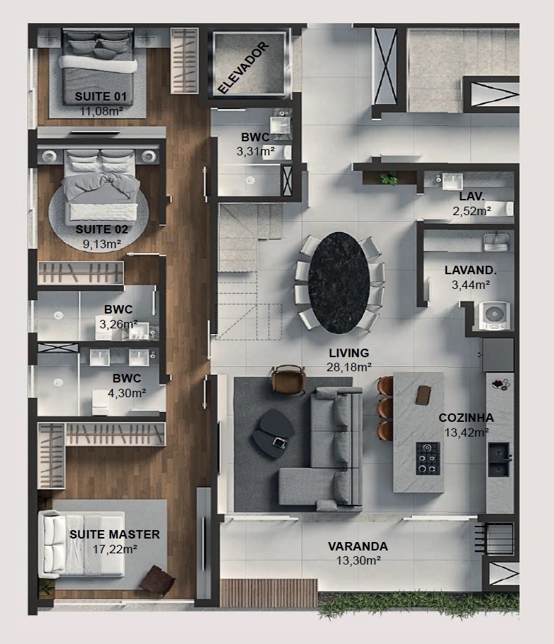 Planta cobertura duplex inferior - 4 dorm 255m�