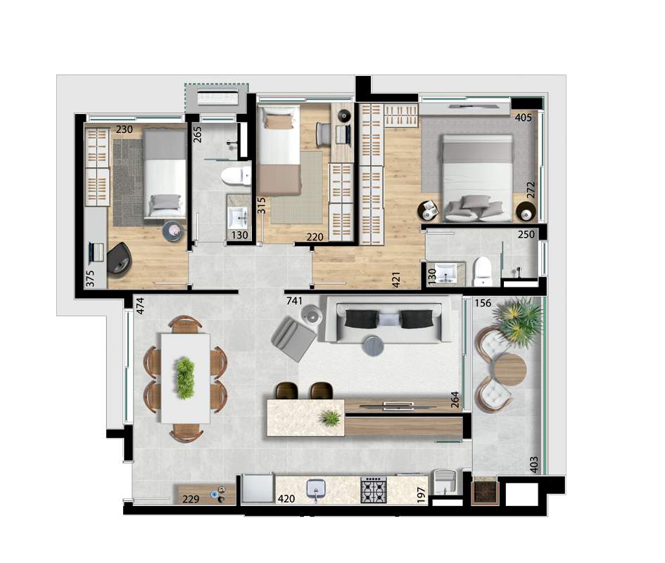 Planta 03 - 2 dorm 93m²