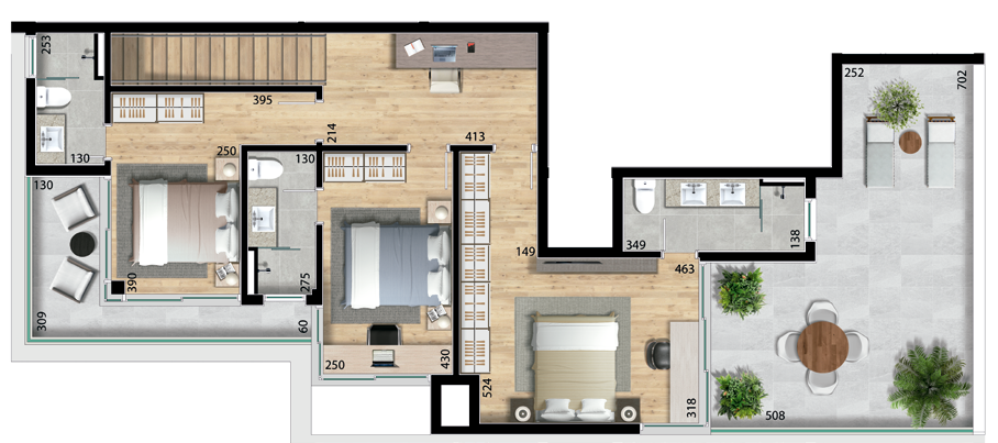 Planta 15 - 3 dorm 203,17m² - cobertura duplex - superior