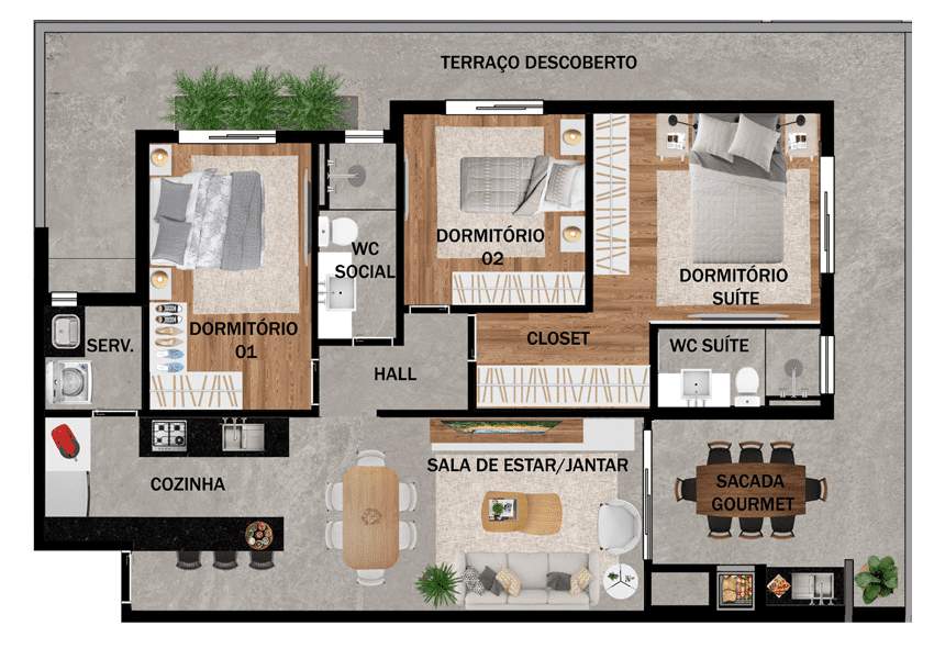 Planta 02 - 3 dorm 120,78m² - garden