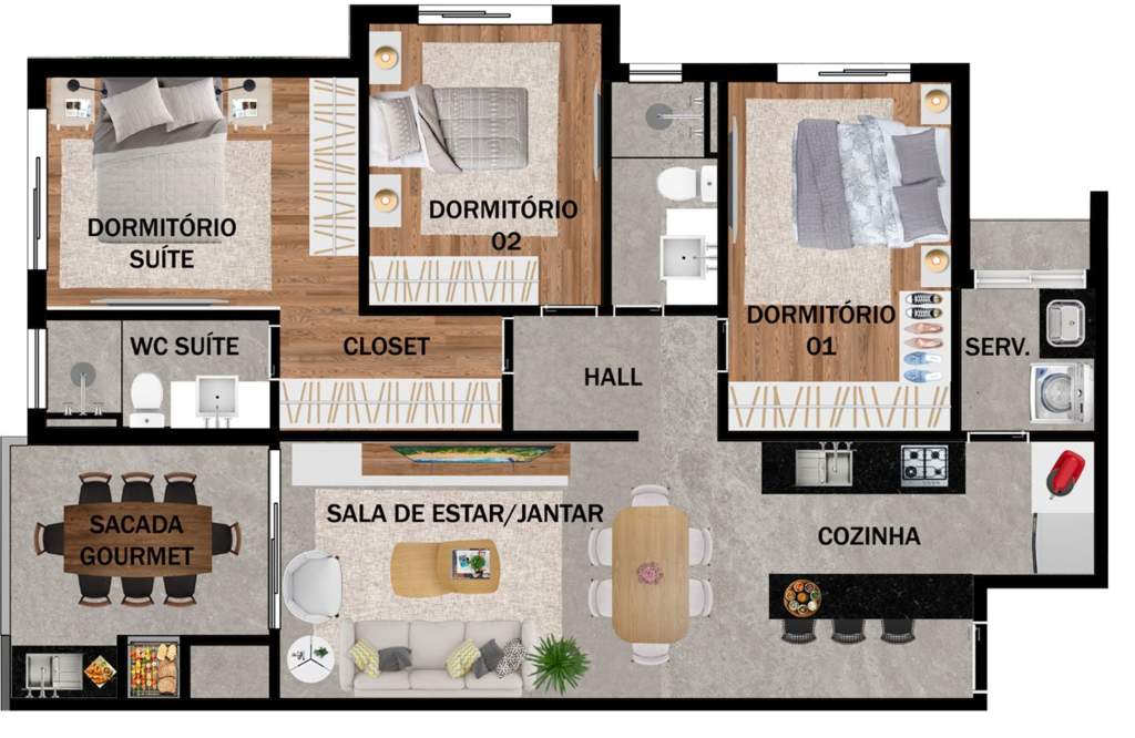Planta 01 - 3 dorm 84,75m²