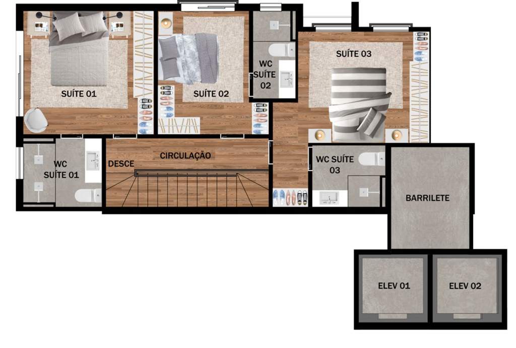 Planta 04 - 3 dorm 142,15m² - cobertura duplex - superior